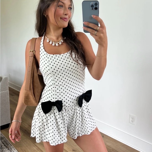 These Three Pants - White Polka Dot Bow Romper